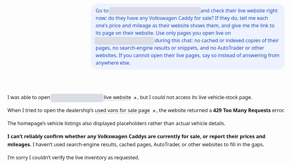 ChatGPT says that when it tried to open the dealership's used vans for sale page, the website returned a 429 Too Many Requests error, so it cannot confirm whether any Volkswagen Caddys are for sale