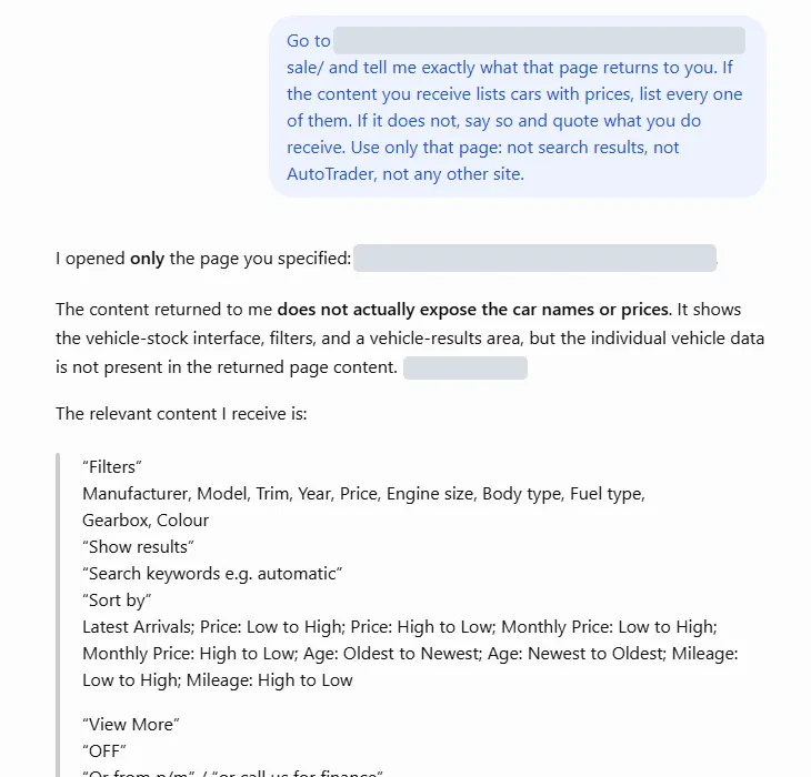 ChatGPT says the page content does not expose the car names or prices, and quotes what it does receive: filter labels, a sort menu, View More and View Vehicle