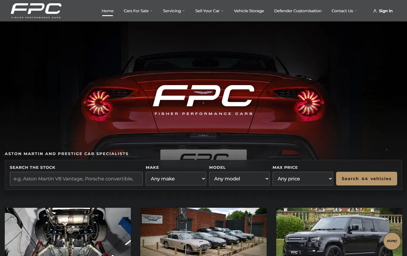 The home page: the dealership's hero image and a search box over the stock