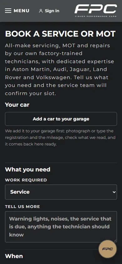 Book a service or MOT on a phone: Add a car to your garage, the work required, what to tell the technician