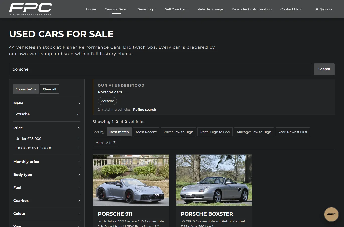 The stock page after searching for porsche: an Our AI understood box, filters, sort buttons and two cars