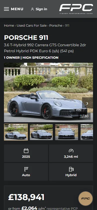 A car's page on a phone: the gallery, the key facts and the price