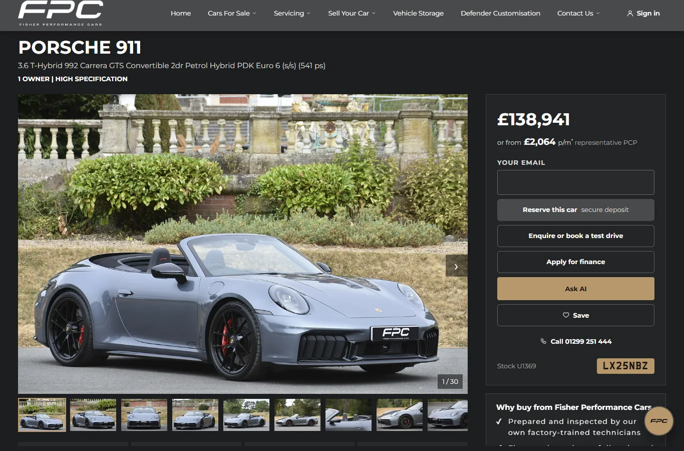 A car's page: the gallery, the price, Reserve, Enquire, Apply for finance, Ask AI and Save buttons, and the chat button